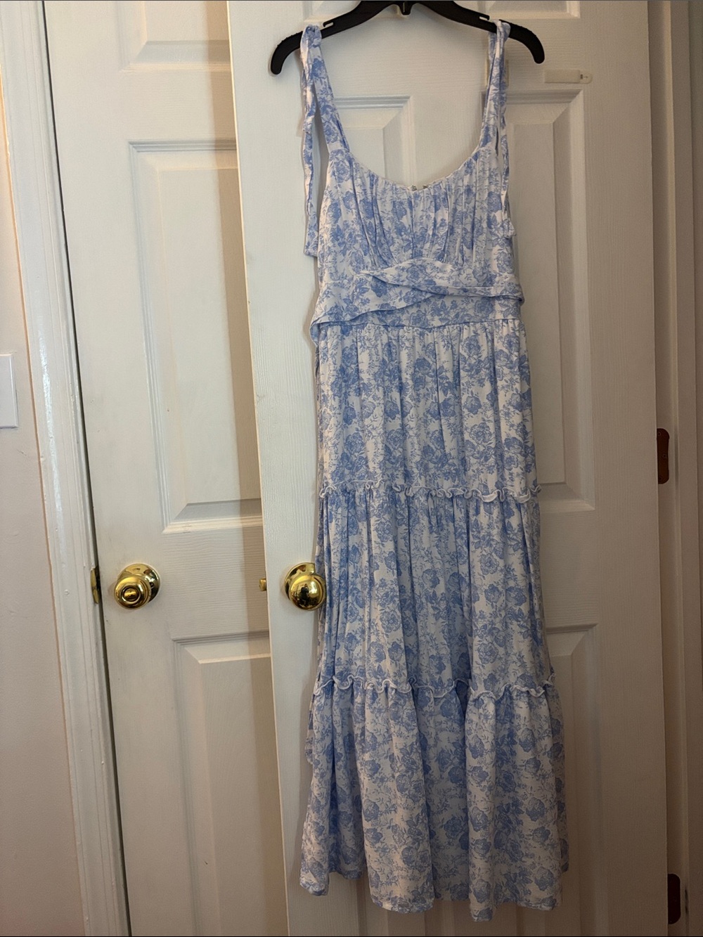 Francesca's Collections Blue and White Floral Tiered Maxi Dress